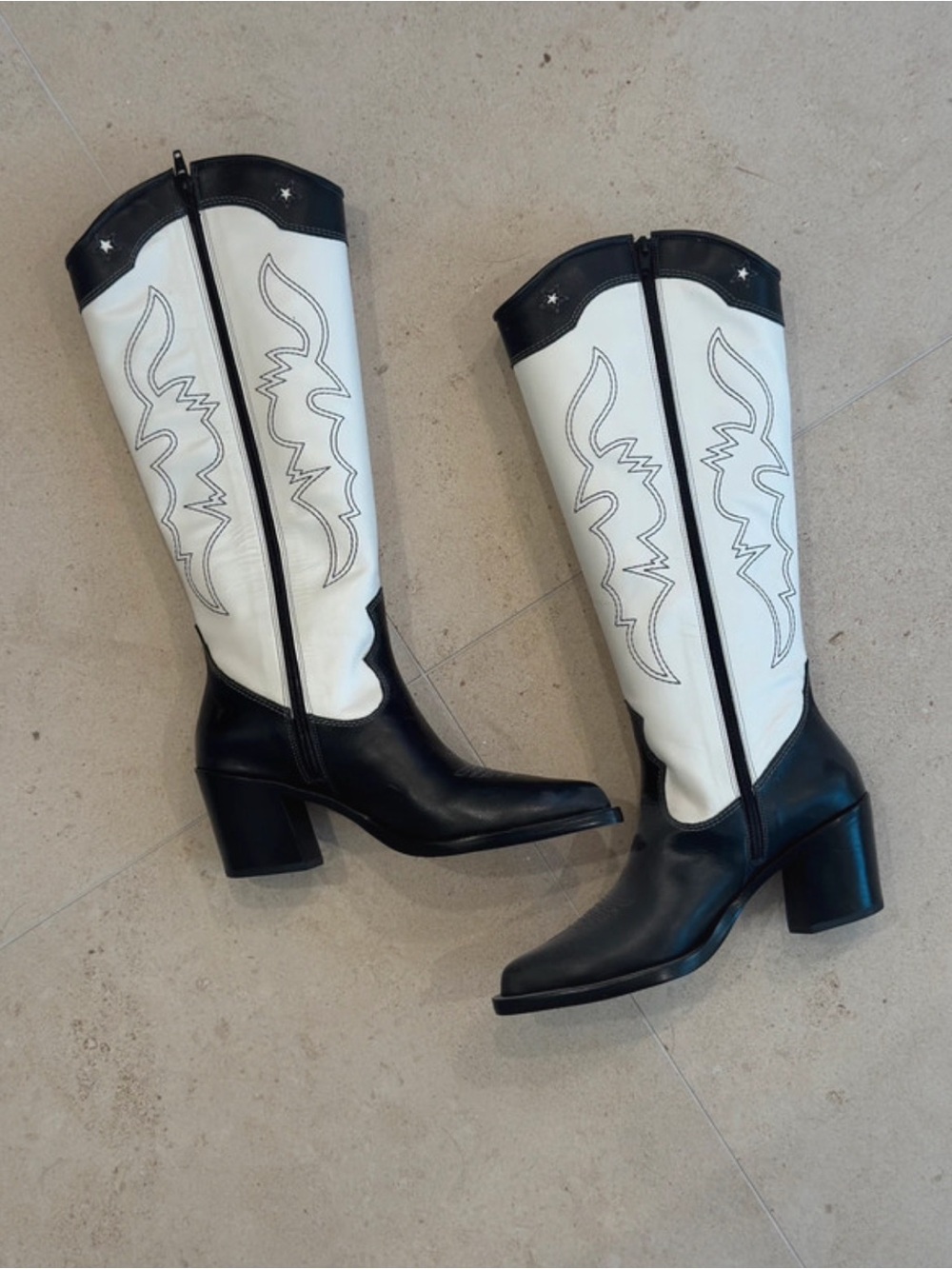 RAYE Black and White Western Knee-High Heeled Boots